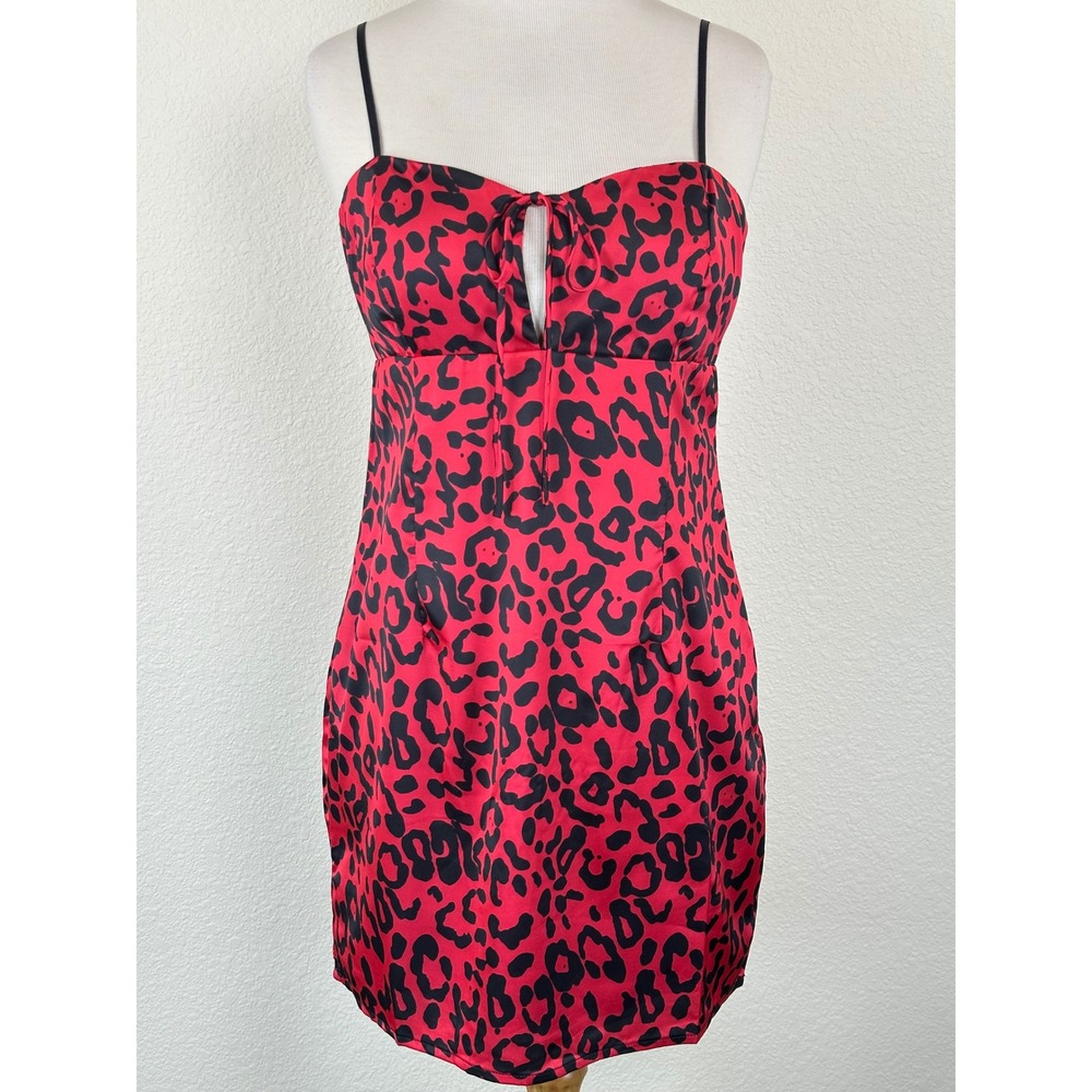 Red Leopard Satin Mini Dress Lulus Tie Front Sweetheart‎ Babydoll Slip Y2K M NWT